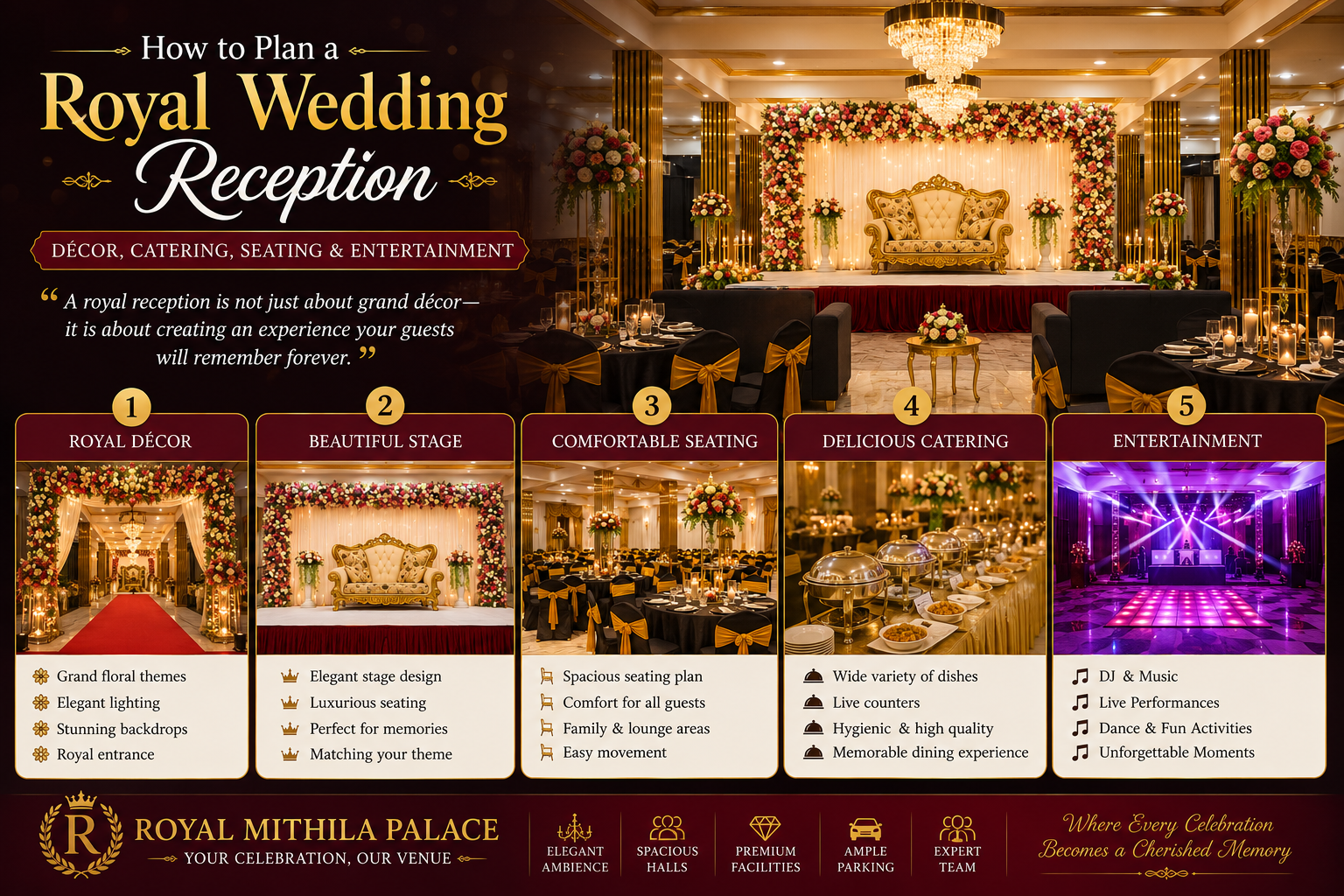 Royal wedding reception decoration at Royal Mithila Palace in Madhubani